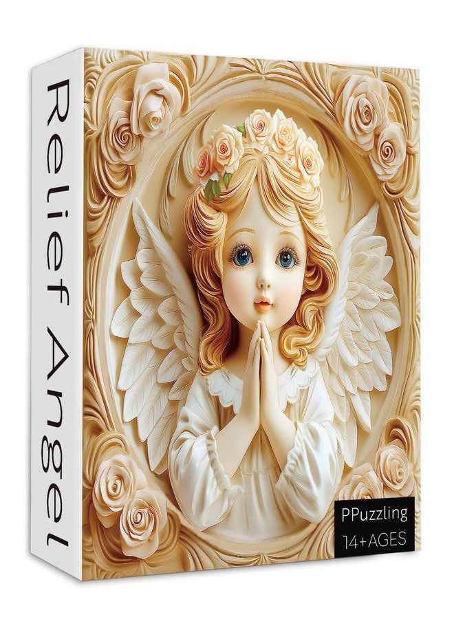 PPuzzling Rose Flower Relief Angel Puzzles for Adults 1000 Pieces, Vintage Carved Difficult Art Jigsaw Puzzle with Floral Wreath and Wings, Religious Challenging Puzzles for Adults - Image 1